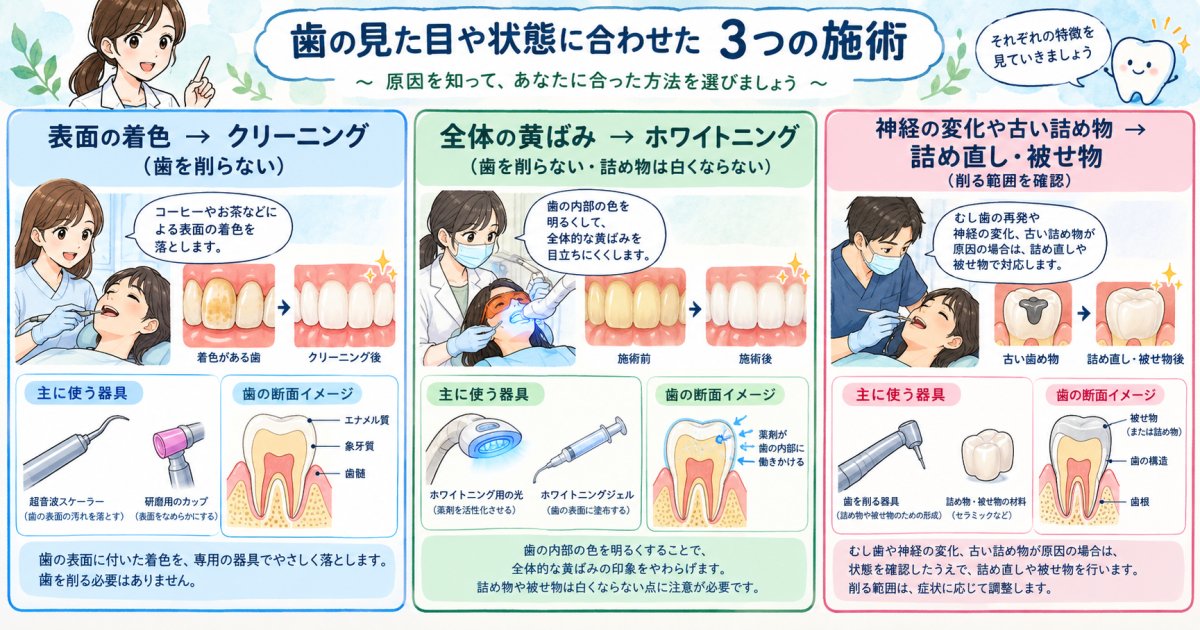 原因別に選ぶクリーニング・ホワイトニング・詰め物や被せ物:削る範囲と効果の違い